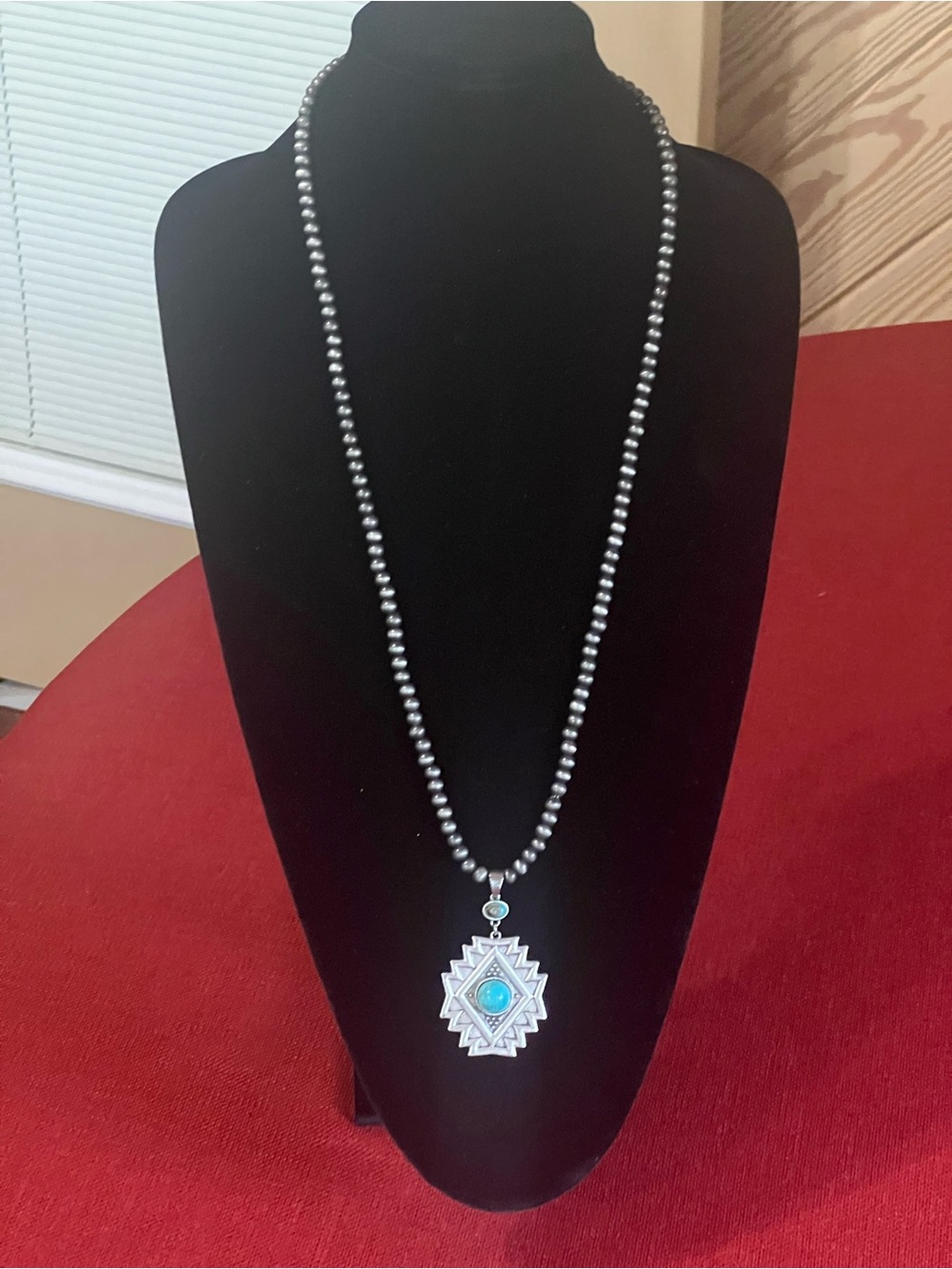 Silver Beaded Necklace with Turquoise Pendant - Women Jewelry